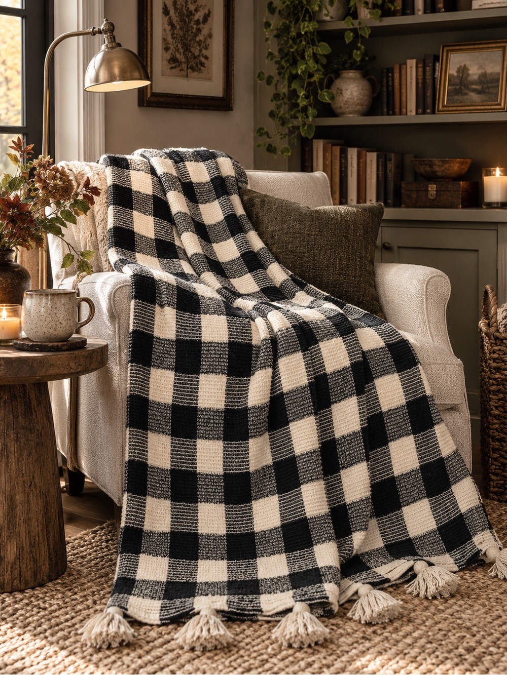 50x40 Black and Cream Buffalo Check Throw Blanket with Tassels